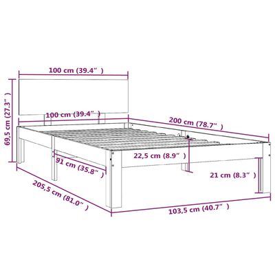 vidaXL Posteľný rám medovohnedý borovicový masív 100x200 cm