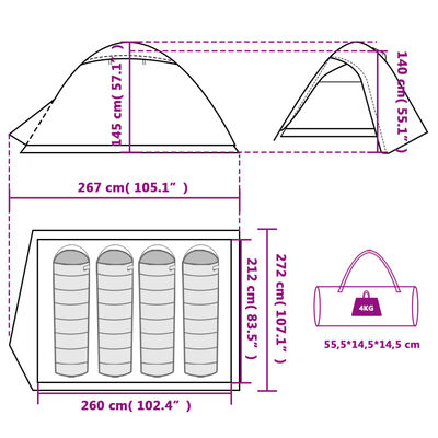 vidaXL Kempingový stan, kupola, 4 osoby, sivo oranžový, vodoodolný
