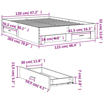 vidaXL Posteľný rám so zásuvkami sivý sonoma 120x200cm kompozit. drevo