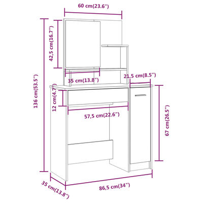 vidaXL Toaletný stolík so zrkadlom dub sonoma 86,5x35x136 cm