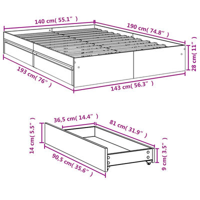 vidaXL Posteľný rám so zásuvkami dub sonoma 140x190cm kompozitné drevo