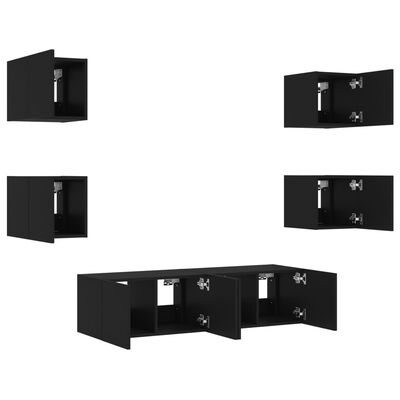 vidaXL 6-dielne TV nástenné skrinky s LED čierne kompozitné drevo
