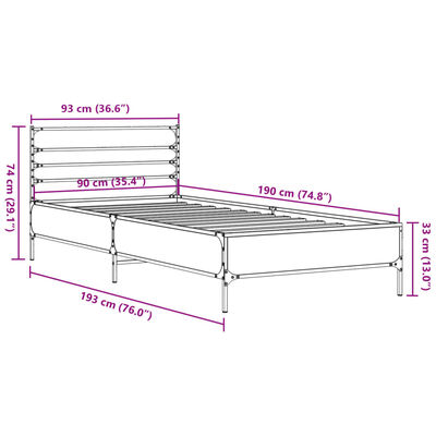 vidaXL Posteľný rám dub sonoma 90x190 cm kompozitné drevo a kov