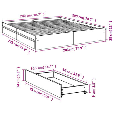 vidaXL Posteľný rám so zásuvkami biely 200x200 cm kompozitné drevo