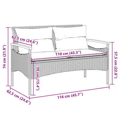 vidaXL Záhradná lavička s podložkami 116x62,5x74 cm čierna polyratan