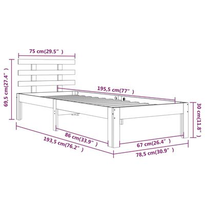 vidaXL Posteľný rám biely masívne drevo 75x190 cm 2FT6 malé jednolôžko