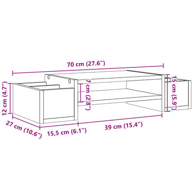 vidaXL Stojan na monitor s policou hnedý dub 70x27x15 cm kompoz. drevo