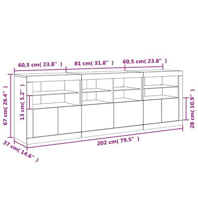 vidaXL Komoda s LED svetlami biela 202x37x67 cm