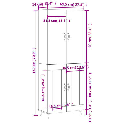 vidaXL Vysoká skrinka čierna 69,5x34x180 cm spracované drevo