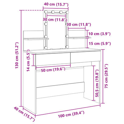 vidaXL Toaletný stolík s LED dymový dub 100x40x130 cm