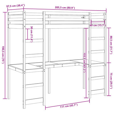 vidaXL Rám poschodovej postele so stolom 90x200 cm borovicový masív