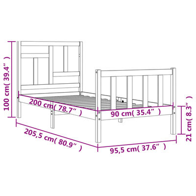 vidaXL Posteľný rám s čelom 90x200 cm masívne drevo