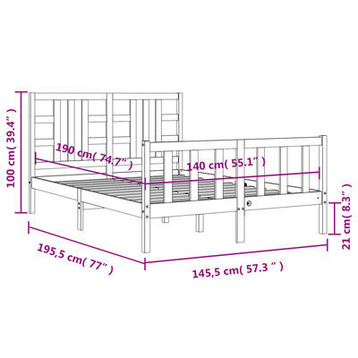 vidaXL Rám postele s čelom biely 140x190 cm masívne drevo