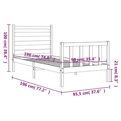 vidaXL Rám postele s čelom biely 90x190 cm masívne drevo