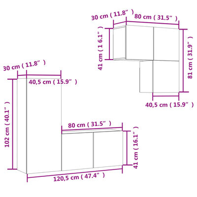vidaXL 4-dielne TV nástenné skrinky dymový dub kompozitné drevo