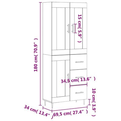 vidaXL Vysoká skrinka dymový dub 69,5x34x180 cm spracované drevo