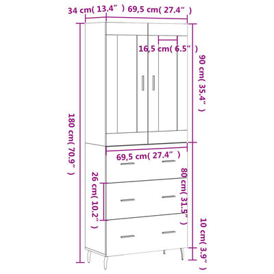 vidaXL Vysoká skrinka biela 69,5x34x180 cm spracované drevo