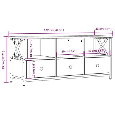 vidaXL TV skrinka hnedý dub 102x33x45 cm kompozitné drevo a železo