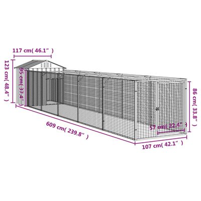 vidaXL Búda pre psa so strechou bledosivá 117x609x123 cm pozin. oceľ