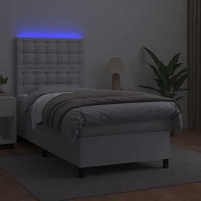 vidaXL Boxspring posteľ s matracom a LED biela 90x200 cm umelá koža