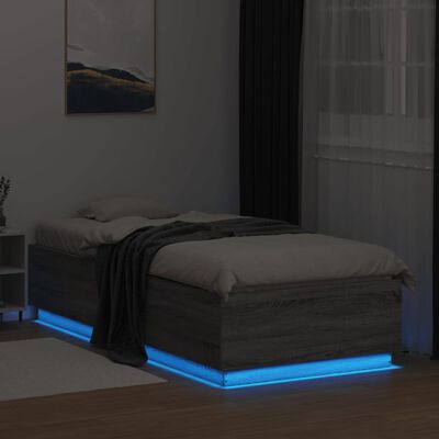 vidaXL Posteľný rám s LED svetlami sivý sonoma 90x200 cm kompoz. drevo