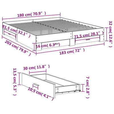 vidaXL Posteľný rám so zásuvkami hnedý dub 180x200 cm kompozitné drevo