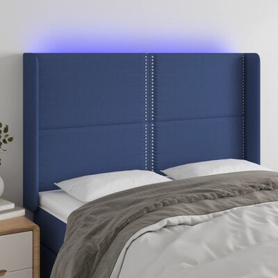 vidaXL Čelo postele s LED modré 147x16x118/128 cm látka