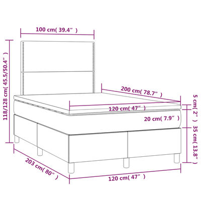 vidaXL Posteľný rám boxsping matrac a LED tmavomodrý 120x200 cm zamat