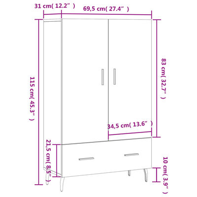 vidaXL Vysoká skrinka hnedá dub 69,5x31x115 cm kompozitné drevo