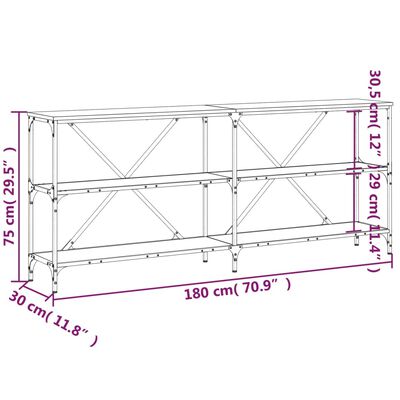 vidaXL Konzolový stolík dymový dub 180x30x75cm kompozitné drevo železo