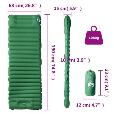 vidaXL Samonafukovací kempingový matrac s vankúšom, 1 osoba, zelený