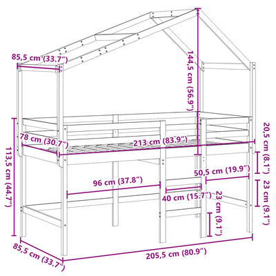 vidaXL Vyvýšená posteľ rebrík strecha 80x200 cm masívna borovica