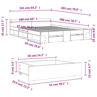 vidaXL Posteľný rám so zásuvkami dub sonoma 160x200cm kompozitné drevo