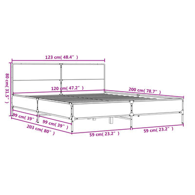 vidaXL Posteľný rám hnedý dub 120x200 cm kompozitné drevo a kov