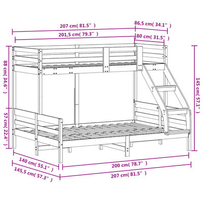 vidaXL Poschodová posteľ 80x200/140x200 cm biela masívna borovica