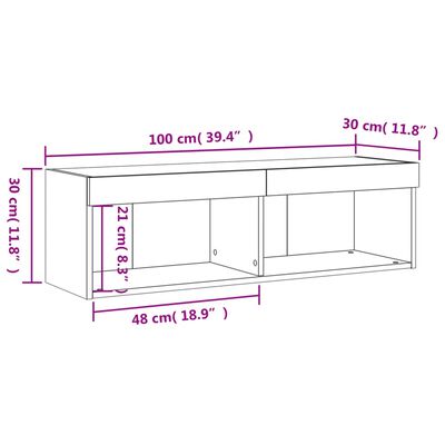 vidaXL TV skrinka s LED svetlami dymový dub 100x30x30 cm