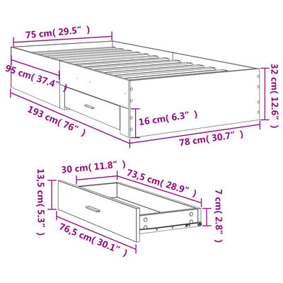 vidaXL Posteľný rám so zásuvkami biely 75x190 cm kompozitné drevo