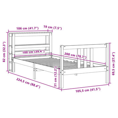 vidaXL Posteľný rám s čelom biely 100x200 cm borovicový masív