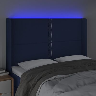 vidaXL Čelo postele s LED modré 147x16x118/128 cm látka