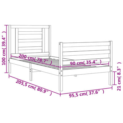 vidaXL Posteľný rám s čelom biely 90x200 cm masívne drevo