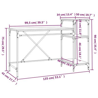 vidaXL Stôl s policami dymový dub 135x50x90 cm spracované drevo železo