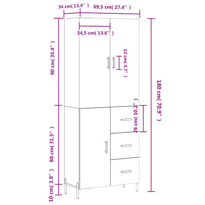 vidaXL Vysoká skrinka biela 69,5x34x180 cm spracované drevo