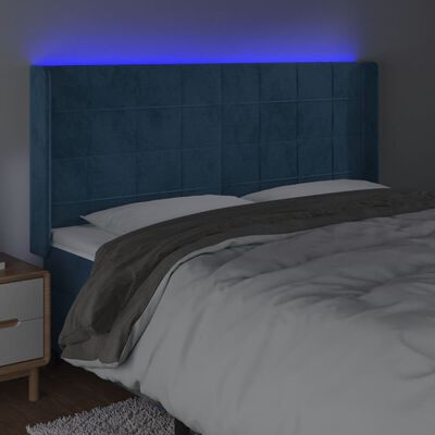 vidaXL Čelo postele s LED tmavomodré 163x16x118/128 cm zamat