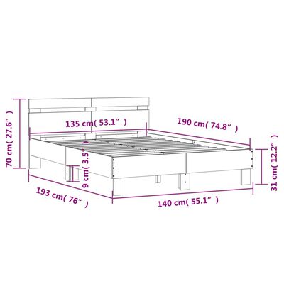 vidaXL Posteľný rám s čelom a LED hnedý dub 135x190 cm