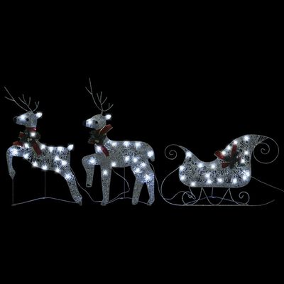 vidaXL Vonkajšia vianočná dekorácia, soby a sane 140 LED, strieborná