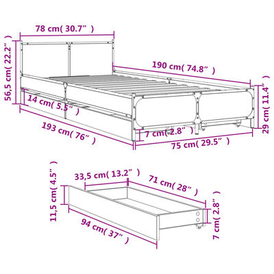 vidaXL Posteľný rám so zásuvkami hnedý dub 75x190 cm kompozitné drevo