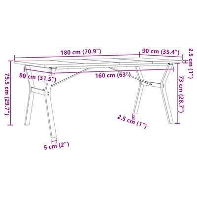 vidaXL Jedálenský stolík v tvare Y 180x90x75,5 cm borovica a liatina