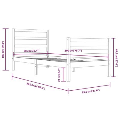 vidaXL Posteľný rám sivý masívna borovica 90x200 cm