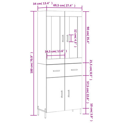 vidaXL Vysoká skrinka biela 69,5x34x180 cm spracované drevo