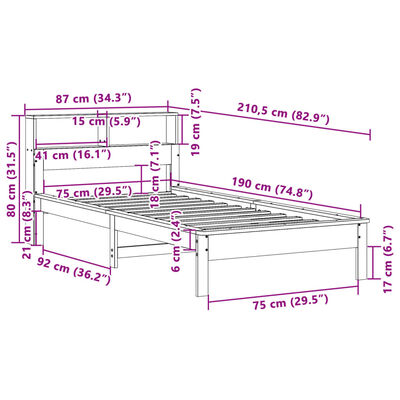 vidaXL Posteľ s knižnicou bez matraca biela 75x190 cm borovicový masív